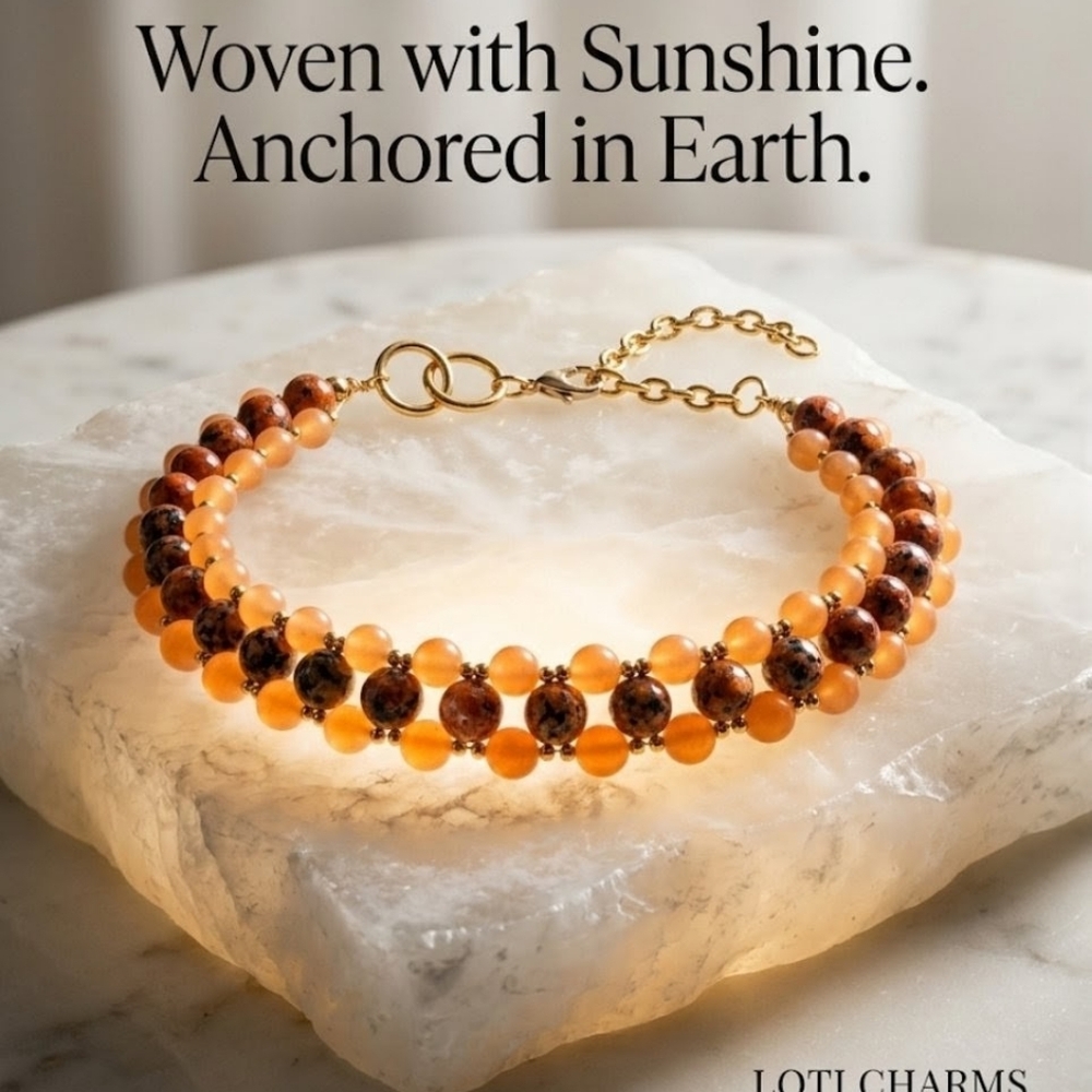 Earthly Elegance Natural Orange Jade In Handwoven Necklace In Gold Plated